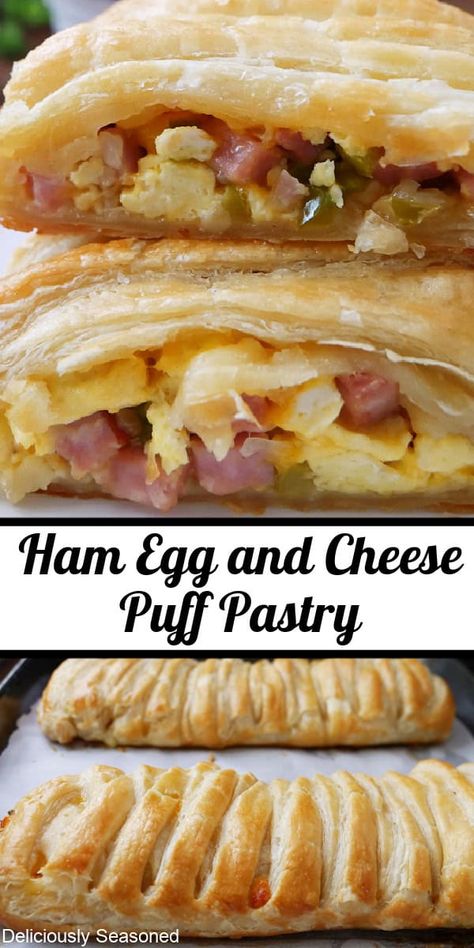 Ham Egg and Cheese Puff Pastry is a hearty and delicious pastry filled with diced ham, scrambled eggs, lots of shredded cheddar cheese, onions, bell peppers, zesty seasonings, and is the perfect breakfast pastry. Egg And Cheese Puff Pastry, Braided Pastry, Pastry Braid, Puff Pastry Ingredients, Ham Breakfast, Breakfast Pastry, Cheese Puff, Cheese Puff Pastry, Egg And Cheese