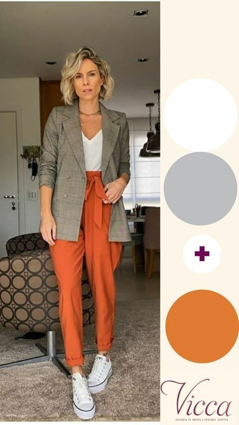 Business Casual Outfits Orange, Burnt Orange Trousers Outfit, Orange And Grey Outfit, Orange Trousers Outfit, Orange Pants Outfit, Pantalon Orange, Informal Attire, Marlene Hose, Colour Combinations Fashion