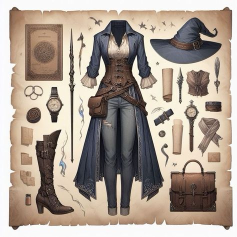 Female Wizard Aesthetic, Fantasy Healer Art, Fantasy Witch Outfit Art, Fantasy Sorceress Outfit, Fantasy Healer Outfit, Fantasy Traveler Outfit Drawing, Witch Aesthetic Fashion Outfit, Mage Outfit Design, Fantasy Mage Outfit