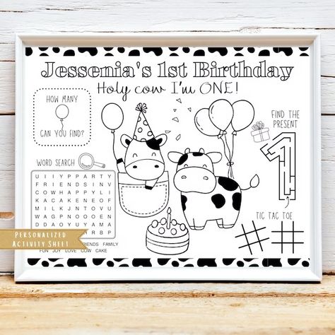 MyLittleBrushStrokes - Etsy Canada Cow Birthday Party, Dog Party Favors, Birthday Party Activity, Cow Birthday Parties, Activity Sheets For Kids, Cow Birthday, Twins 1st Birthdays, Birthday Activities, Birthday Party Activities