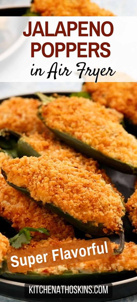 Learn how to make homemade cream cheese stuffed jalapeno poppers in air fryer that are vegetarian, made without bacon or meat. These cheesy air fryer snacks are made using cream cheese, breaded with panko breadcrumbs and can be adapted to make it gluten free. Get the air fryer jalapeno poppers recipe at kitchenathoskins.com. Airfryer Jalapeno Poppers, Poppers In Air Fryer, Jalapeno Poppers Air Fryer, Herbalism Recipes, Vegetarian Air Fryer, Air Fryer Jalapeno Poppers, Stuffed Jalapeno Poppers, Air Fryer Snacks, Fried Jalapeno Poppers