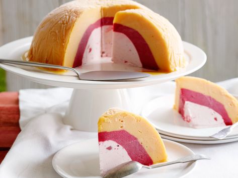 Ina's creation is called a "bombe" for a reason: layers of mango and raspberry sorbet explode into flavor with strawberry ice cream. It will leave any barbecue guest blown away! Ice Cream Bombe Recipe, Granitas, Bombe Recipe, Barefoot Contessa, Strawberry Ice Cream, Ice Cream Cake, Frozen Desserts, Frozen Treats, Ice Cream Recipes