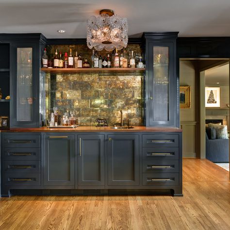 Driftwood Cottage - Transitional - Home Bar - Providence - by Home at 2 Design | Houzz Wet Bar Ideas, Omega Cabinetry, Wet Bar Designs, Recessed Panel Cabinets, Home Bar Rooms, Light Wood Cabinets, Home Bar Design, Dark Wood Cabinets, Flat Panel Cabinets