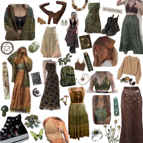 Witchy Earthy Outfits, Earth Witch Outfit Aesthetic, Fairycore Outfit Board, Boho Witch Capsule Wardrobe, Cottagecore Punk Outfits, Green Witch Clothing Aesthetic, Hippy Inspired Outfits, Witchy Aesthetic Clothing, Witch Asethic Outfits