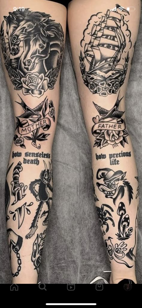 Leg Sleeve Traditional, Traditional Calf Tattoo, Under Knee Tattoos Women, Traditional Knee Tattoo, Small Chest Tattoos, Tattoo Sleeves, Chest Tattoos, Old School Tattoo Designs, Leg Sleeve Tattoo