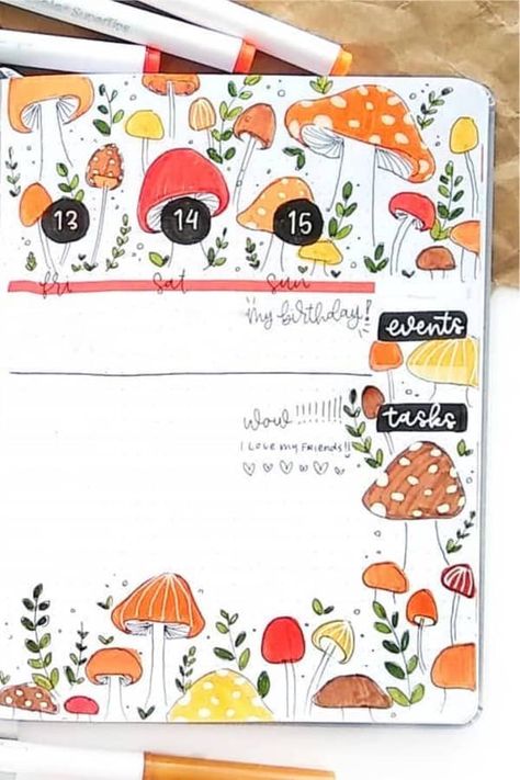 Check out the best mushroom themed bullet journal spreads and ideas for inspiration! #bujo #bulletjournal #bulletjournaltheme #bujoideas Mushroom Journal Ideas, Mushroom Bullet Journal Theme, Bullet Journal Mushroom Theme, Mushroom Bujo, Mushroom Doodle, Journal Inspiration Quotes, Bullet Journal September, Crazy Laura, Art Journal Challenge