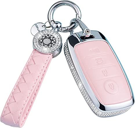 RUABIBAN Key Fob Cover for Kia NIRO Forte Optima Sorento Rio Soul Sportage, Pink Genuine Leather Crystal Car Keys Shells Cases 4 Button Full Covers Protector Keychain Women Pink Car Keys, Pink Range Rovers, Angel Core, Barbie Car, Kia Niro, Car Key Cover, Car Key Holder, Key Fob Cover, Car Accessories For Women