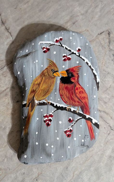 painting rocks! | Christmas Cardinals...Hiding in my hometown this weekend 💕 | Facebook Christmas Rocks, Christmas Cardinals, Christmas Rock, Painted Rocks Diy, Rock Painting Designs, Painting Rocks, Painting Designs, Stained Glass Patterns, Rock Painting