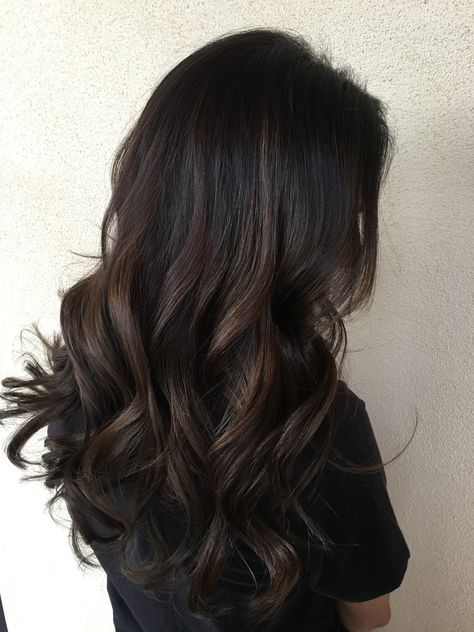 Dark Brown Hair With Black Underneath, Subtle Dyed Hair For Black Hair, Subtle Babylights For Dark Hair, Ombre Black To Brown Hair, Warm Brown Highlights On Dark Hair, Partial Highlights Black Hair, Subtle Hair Color For Black Hair, Dark Brunette Ombre, Chocolate Brown Ombre Hair