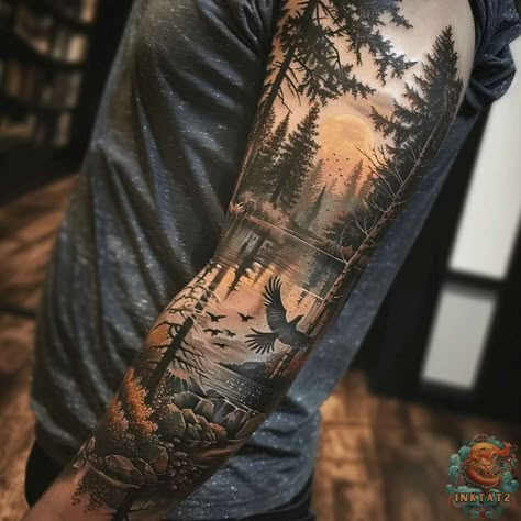 Inked by Nature: Exploring the Beauty of a Nature Tattoo Sleeve: 102 Designs - inktat2.com Sleeve Tattoos Country, Outdoor Themed Sleeve Tattoos, Black And White Northern Lights Tattoo, Mountains With Birds Tattoo, Wolf Sleeve Tattoos For Women, Mens Forest Tattoo, Men S Sleeve Tattoo, Lineman Tattoos For Men, Outdoor Scene Tattoo