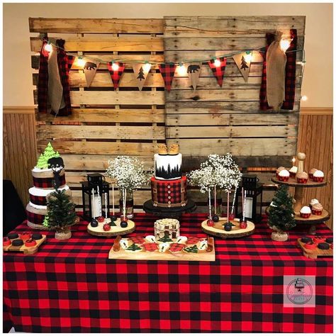 Buffalo Plaid Fireplace Decor, Lumberjack Balloon Arch, Lumberjack Theme Party, Lumberjack Party Centerpiece, Lumberjack Centerpieces 1st Birthdays, Lumberjack Baby Shower Theme, Lumberjack Baby Shower Theme Decorations, 1st Birthday Lumberjack Theme, Lumberjack Party Decorations