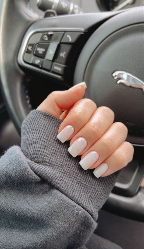 Nails Frosted White, Shimmering White Nails, Pearl White Acrylic Nails Square, Opec White Nails, White Pearl Nails Square, Grad Nails White, White Iredesant Nails, White Shine Nails, Squoval White Nails