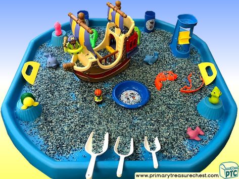 Pirates - Pirate Ship Themed Small World Multi-sensory - Coloured Rice Tray Ideas and Activities Pirate Tough Tray Ideas, Pirate Messy Play, Pirate Tuff Tray, Pirate Tuff Tray Ideas, Tuff Tray Ideas, Pirates Ship, Coloured Rice, Pirate Activities, Funky Fingers