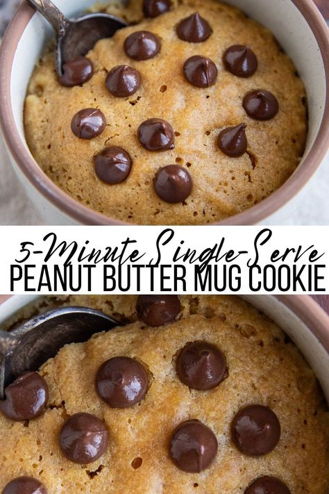 Peanut Butter Cookie in a Mug - This single-serve Peanut Butter Cookie in a mug is the perfect size for one or two people! Made with six basic pantry ingredients, this easy on-demand dessert is ready in less than 5 minutes. #peanutbutter #dessert #glutenfree Peanut Butter Cookie Mug, Cookie Mug Cake, Mug Cookie Recipes, Mug Dessert Recipes, Peanut Butter Mug Cake, Cookie Mug, Microwave Mug Recipes, Dessert In A Mug, Chocolate Chip Mug Cake