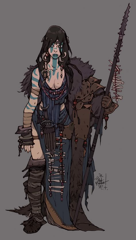 Shaman Design Character, Shaman Outfit Character Design, Shaman Concept Art, Female Werewolf Character Design, Scavenger Character, Shaman Illustration, Shaman Character Design, Evil Druid, Character Design Women