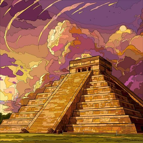 Mayan Culture Aesthetic, Mayan Temple Art, Aztec Temple Art, Aztec Pyramids Drawing, Mayan Culture Art, Mayan Art Drawing, Inca Pyramid, Mexico Pyramids, Maya Aesthetic