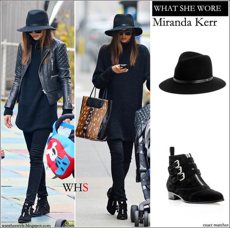 WHAT SHE WORE: Miranda Kerr in black ankle buckle boots with black fedora in New York #fashion #streetstyle #style #outfit #black #casual #chic Black Fedora Hat Outfit Winter, Fedora Fall Outfit, Fedora Hat Outfit Winter, Black Fedora Hat Outfit, Fedora Hat Outfit Fall, Floppy Hat Outfit, Hat Outfit Fall, Fedora Outfit, Fedora Hat Outfits