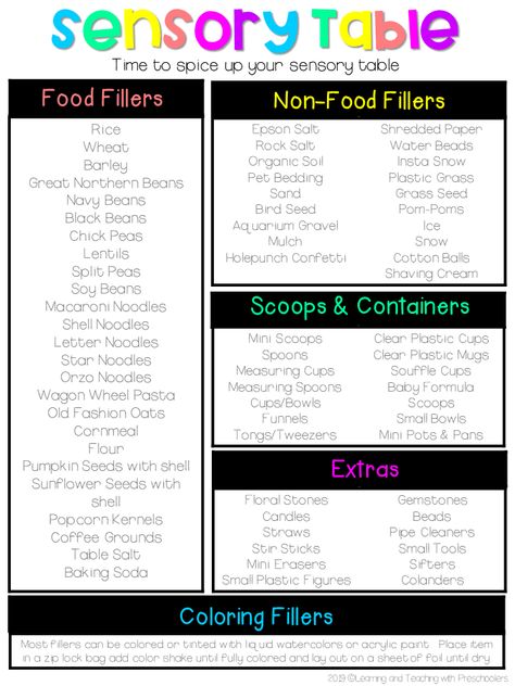 List Of Sensory Bin Ideas, Sensory Bin Supply List, Sensory Bin Essentials, Pre K Sensory Table Ideas, Preschool Sensory Table Ideas, Table Activities For Preschoolers, Sensory Table Fillers, Sensory Table Activities, Preschool Sensory Table