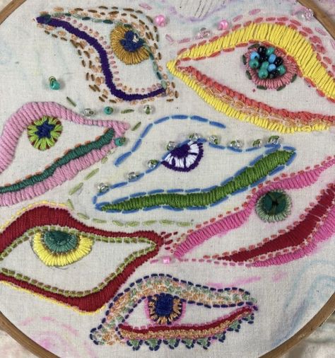 Eyeball Embroidery, Creepy Embroidery, Evil Eye Embroidery, Embroidery Eyes, Eye Embroidery, Modern Hand Embroidery Patterns, Yarn Painting, Clothes Embroidery Diy, Embroidered Eyes