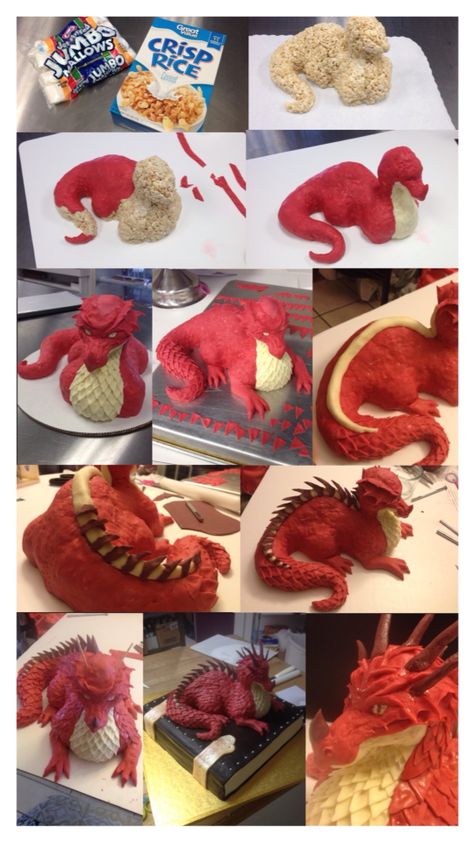 How I made my husband's dragon cake! The dragon was made out of rice krispy's and fondant.  I then made a cake look like a book to set him on, giving the final touch for a perfect fantasy cake! How To Make A Dragon Cake, Red Dragon Cake, Fantasy Cake Design, Fantasy Cake Ideas, Dragon Cake Ideas, Fondant Dragon, Dragon Cake Topper, Medieval Halloween, Fantasy Cakes