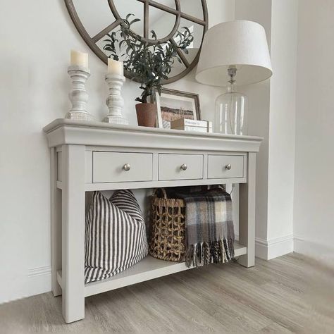 Painted Console Table, Hallway Table Decor, Rustic Entryway Table, Large Console Table, Cornforth White, White Console Table, Console Table Styling, Console Table Decorating, Oak Console Table