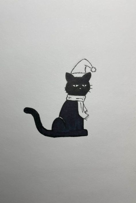 Drawing of a black cat wearing a santa hat and scarf Cat With Santa Hat Drawing, Cat With Christmas Hat Drawing, Cat With Hat Drawing, Santa Hat Drawing, Christmas Cat Drawing, Drawings To Try, Drawing Hats, Cat Santa Hat, Easy Christmas Drawings