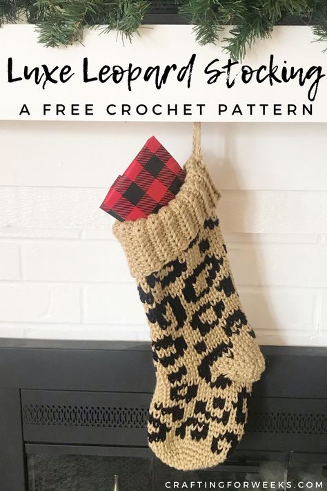 Crochet Leopard Print, Crochet Leopard, January Projects, Leopard Beanie, Stocking Pattern Free, Leopard Print Christmas, Crochet Queen, Crochet Holiday, Crochet Stocking