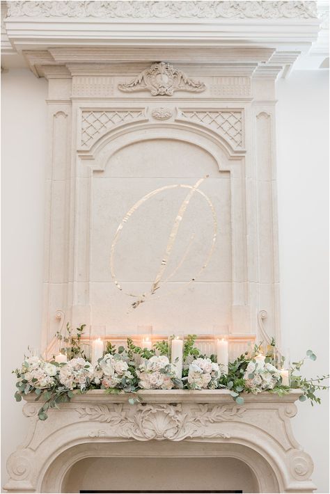 Mantel Decor Wedding, Wedding Flowers Fireplace, Park Chateau Wedding, Fireplace Flowers Wedding, Fireplace Wedding Flowers, Wedding Mantel Decor, Wedding Fireplace Decor, Fireplace Wedding Ceremony, Fireplace Florals