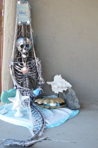 Diy Mermaid Skeleton, Mermaid Skeleton Halloween Decor, Sea Witch Decor, Coastal Halloween Decor, Haunted Luau, Creepy Ocean, Beachy Halloween, Halloween Under The Sea, Skeleton Fairies