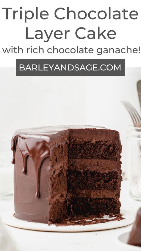 This triple chocolate layer cake is my absolute favorite chocolate cake recipe! With moist, fudgy chocolate cake layers, smothered with rich chocolate buttercream, and then covered with dark chocolate ganache, this cake is truly a chocolate lovers dream! Chocolate Cake Layers, Fudgy Chocolate Cake, Chocolate Layer Cake Recipe, Double Chocolate Cake, Triple Chocolate Cake, Chocolate Ganache Cake, Chocolate Ganache Frosting, Dark Chocolate Ganache, Layer Cake Recipes