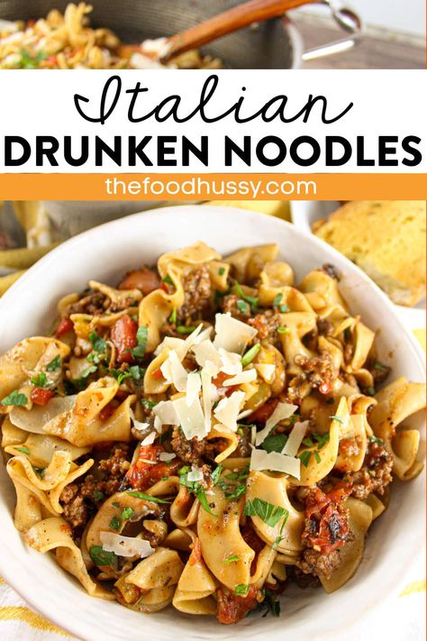 Italian Drunken Noodles are a light and easy weeknight dish featuring veggies and Italian sausage with a touch of white wine. You'll have this dish on the table in just 15 minutes! via @foodhussy Italian Drunken Noodles Sausages, Drunken Noodles Recipe, Italian Sausage And Egg Noodles, White Wine Sausage Pasta, Drunken Italian Sausage Noodles, Italian Drunken Noodles Recipe, Cooking Italian Sausage On Stove, Healthy Drunken Noodles, Italian Drunken Noodles