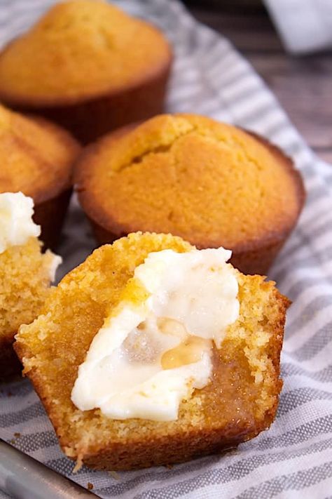 Honey Corn Muffins, Easy Cornbread Muffins, Sweet Cornbread Muffins, Creamed Corn Cornbread, Honey Cornbread Muffins, Cornbread Muffins Recipe, Cozy Food, Honey Muffins, Cornmeal Muffins