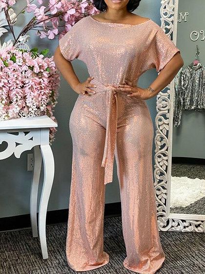 Pink Off Shoulder Tie Waist Jumpsuit Jumpsuit Fashion Elegant, Off The Shoulder Plus Size, Mode Rose, Plus Size Pink, Collar Jumpsuit, Jumpsuit Casual, Solid Jumpsuit, One Shoulder Jumpsuit, Sequin Jumpsuit