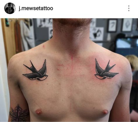 Swallow Tattoo Chest, Old School Swallow Tattoo, Geometric Heart Tattoo, Traditional Swallow Tattoo, Bird Shoulder Tattoos, Swallow Tattoo Design, Traditional Tattoo Inspiration, Heaven Tattoos, Small Chest Tattoos