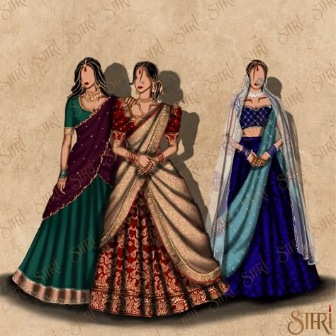 Silk Illustration Fashion, Indian Dresses Drawing, Half Saree Illustration, Indian Traditional Dresses Illustration, Traditional Illustrations Sketches, Traditional Dhavani Designs, Silk Dress Drawing, Indian Dress Drawing, Sari Drawing