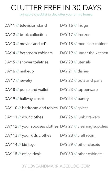 Declutter Your Entire House in 30 Days with this easy free printable checklist. Declutter Checklist Printables, Decluttering Lists, Clutter Challenge, Decluttering List, Spring Cleaning Organization, Decluttering Checklist, Declutter Checklist, House Cleaning Checklist, Declutter Your Life