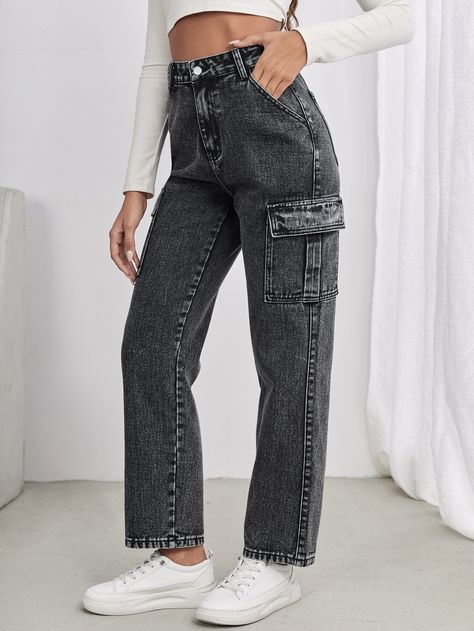 Dark Grey    Denim Plain Straight Leg Cargo Pants  Non-Stretch  Women Denim Charcoal Cargo Pants Outfit, Ladies Cargo Pants Outfit, Grey Cargo Jeans Outfit, Grey Cargo Pants Outfit Women, Charcoal Cargo Pants, Cargo Jeans Outfit Women, Grey Cargo Pants Outfit, Cargo Jeans Outfit, Flap Pocket Cargo Jeans