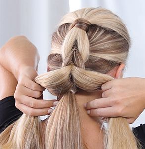 step nine: Join sections for ponytail C with sections of ponytail B, tie together under ponytail A Multiple Ponytail Hairstyles, Plaits Hairstyles Tutorial, Plait Hairstyles, Diy Ponytail, Braid Game, Chunky Braids, Perfect Ponytail, Ghd Hair, Braid Videos