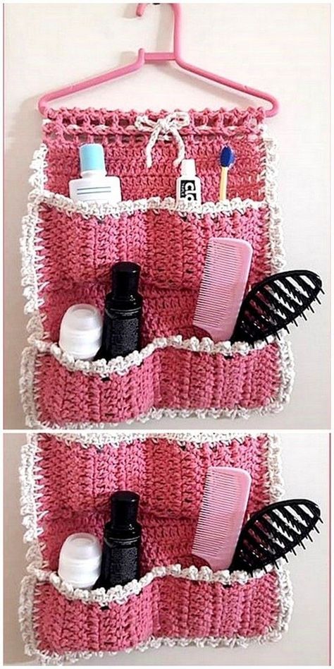 Crochet Door Organizer, Crochet For The Bathroom, Crochet Hanging Shelves, Crochet House Hold Items, Crochet Makeup Organizer, Crochet Wall Organizer Free Pattern, Crochet Locker Decorations, Crochet Bathroom Organizer, Crochet Hanging Organizer