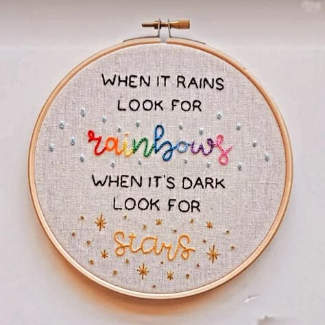 Quotes For Embroidery, Quote Embroidery Patterns, Good Vibes Embroidery, Hand Embroidery Quotes, Positive Embroidery, Writing Embroidery, Embroidered Quotes, Embroidery Words, Embroidery Rainbow