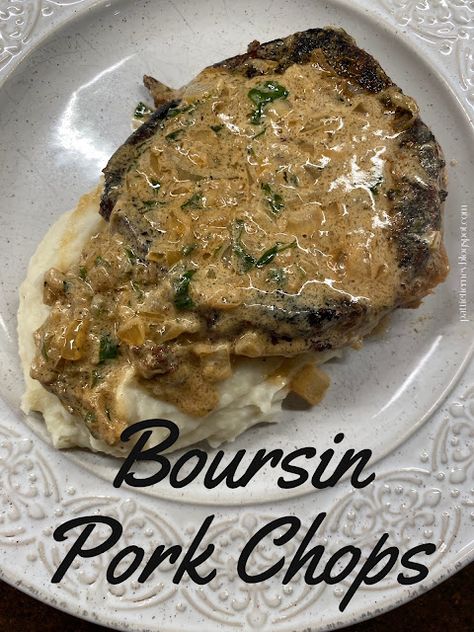 Olla-Podrida: Boursin Pork Chops Pork Chops With Boursin Cheese, Steak With Boursin Cheese, Boursin Cheese Recipes Steak, Pork Tenderloin With Boursin, Boursin Pork Chops, Boston Button Recipes Crockpot Pork, Cheese Pork Chops, Boneless Pork Chop Recipes, Asparagus Bacon