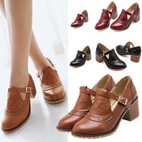 Heeled Brogues, Brogues Womens, Oxford Shoes Outfit, Chunky Heel Pumps, Womens Mary Janes, Shoes Vintage, Brogue Shoes, Block Heel Shoes, Mary Jane Heels