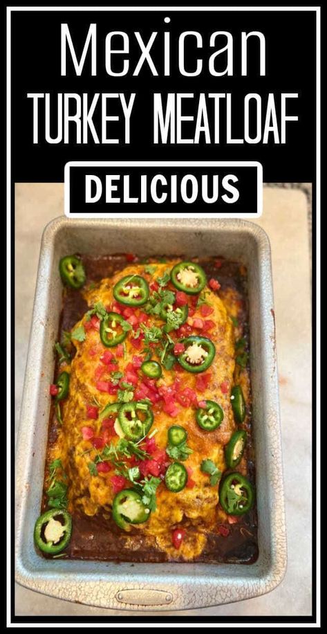 This Mexican turkey meatloaf is flavored with green chiles, salsa, taco seasoning, beans, and onion. Then it is topped with enchilada sauce and cheese. Serve it with your favorite sides for a delicious, wholesome meal! Mexican Meatloaf Recipes, Ground Turkey Meatloaf Recipes, Mexican Turkey, Turkey Meatloaf Healthy, Mexican Meatloaf, Flexitarian Recipes, Southwestern Recipes, Turkey Meatloaf Recipes, Turkey Enchiladas