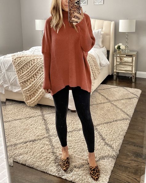 Instagram Lately Outfits With Mules, Leopard Sweater Outfit, Orange Sweater Outfit, Leopard Flats Outfits, Sweater Leggings Outfit, Orange Tops, Booties Outfit, Orange Sweater, Orange Sweaters