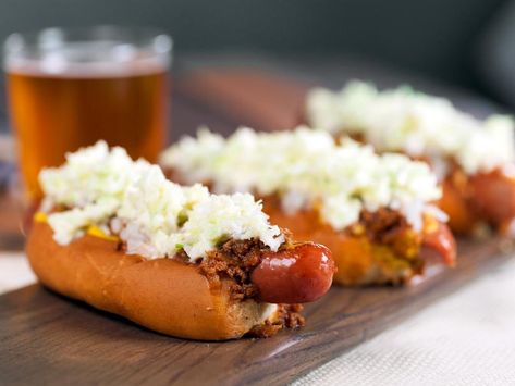 Chili Slaw Dawgs Recipe | Kevin Gillespie | Food Network Carolina Burger, Crunchy Cole Slaw, Catfish Sandwich, Chili Recipe Food Network, Pan Fried Catfish, Slaw Dog, Vinegar Coleslaw, Jicama Slaw, Lime Slaw