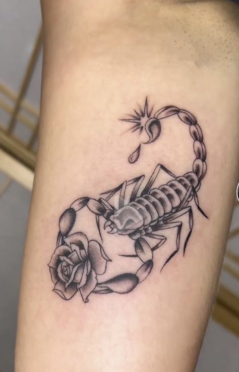 Ram And Scorpion Tattoo, Pretty Scorpion Tattoo, Scorpion And Flower Tattoo, Scorpio Forearm Tattoo, Scorpion Forearm Tattoo, Scorpio Rose Tattoo, Simplistic Tattoo Ideas, Scorpion Tattoo Design Feminine, Lust Tattoo