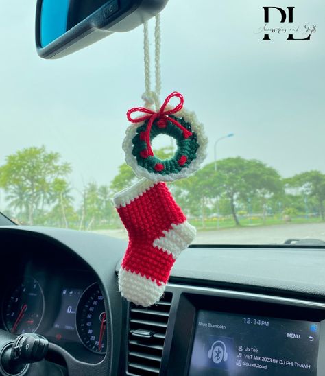 Crochet Christmas Stock And Mini Wreath Car Charm, Cute Christmas Stocking Wreath Rear View Mirror Ornament, Christmas Car Accessories CROCHET CHRISTMAS CAR ACCESSORY Materials: This cutie Christmas stocking and mini wreath car pendant is crocheted with natural cotton yarn, soft for skin. Cute Christmas car accessories a meticulously handcrafted by hand This Christmas car ornament dimension: The Christmas stocking measures 3.5 inches in tall and the wreath measures 2 inches in wide CUTE GIFT FOR CHRISTMAS DECOR If you are looking for a funny gifts for Christmas or you want to decor your car for Christmas, holiday, this cute Christmas stocking with wreath car hanging will be great choice to you.  It will be lovely gift for your mom, your grandma, your daughter, girlfriend, your friend, your Christmas Crochet Car Accessories, Crochet Car Rear View Mirror, Crochet Christmas Car Charm, Crochet Car Accessories Christmas, Christmas Gifts Crochet Ideas, Christmas Rear View Mirror Decor, Christmas Car Interior, Christmas Car Crochet, Crochet Christmas Ideas Gift