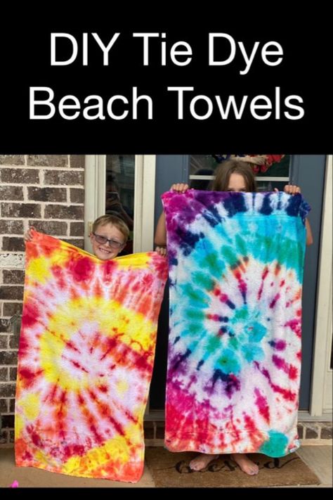 Tye Dye Beach Towels, Tie Dye Beach Towel Diy, Tie Dye Towels With Names, Tye Dye Towels, Diy Tie Dye Towels, Tie Dye Towels, Tie Dye Beach Towel, Easy Diy Tie Dye, Tie Dye Birthday Party