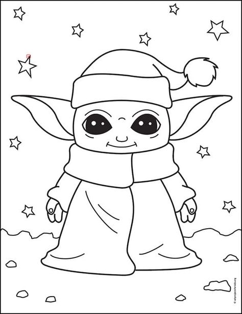 Yoda Drawing Easy, Yoda Coloring Page, Baby Yoda Dibujo, Grogu Coloring Pages, Grogu Drawing Easy, How To Draw Baby Yoda, Baby Yoda Drawing, Christmas Drawing Easy, Baby Yoda Coloring Page