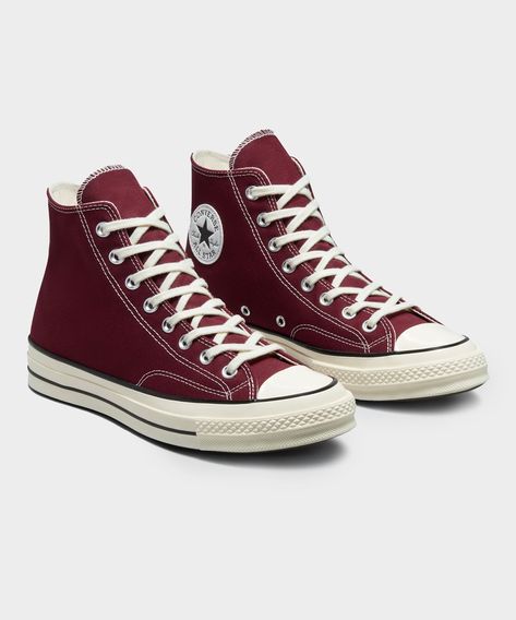 Converse has updated the premium Chuck 70 with durable 12oz vintage canvas in a new Warm Burgundy red. The Chuck 70 mixes the best details from the ’70s-era Chuck with impeccable craftsmanship and premium materials. An elevated style icon, it features lightweight cushioning to keep you looking—and feeling—good all day. Crafted in a recycled poly-canvas for an elevated feel. Premium cushioning provides all-day comfort and support. New Converse colors to refresh your rotation. Shiny, taller rubber Converse Colors, Burgundy Converse, Mcu Dr, Random Clothes, Converse Red, 70s Era, New Converse, Elevated Style, Converse Chuck 70